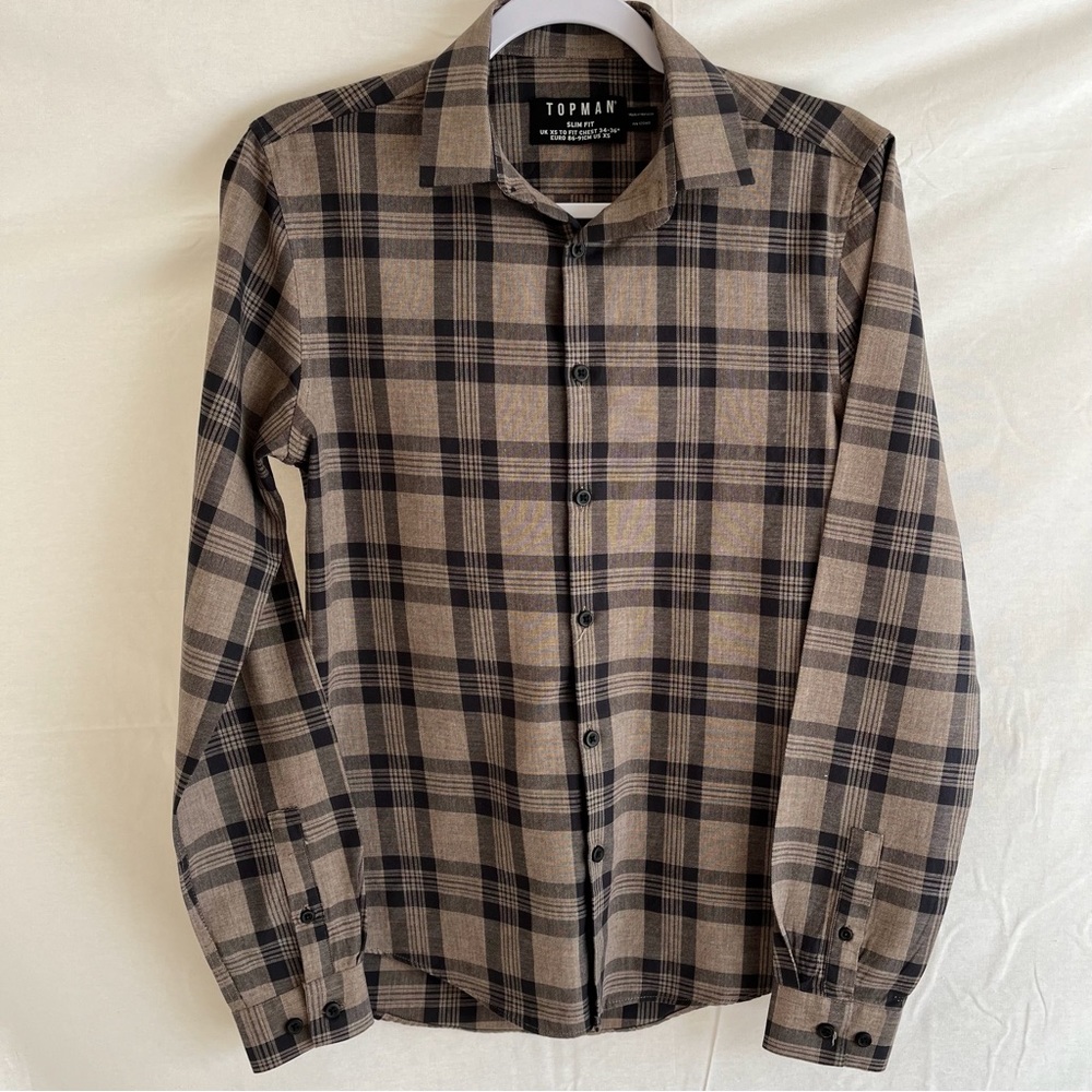 Topman Mens Brown and Black Casual Long Sleeve Slim Fit Button Up Shirt Size XS
